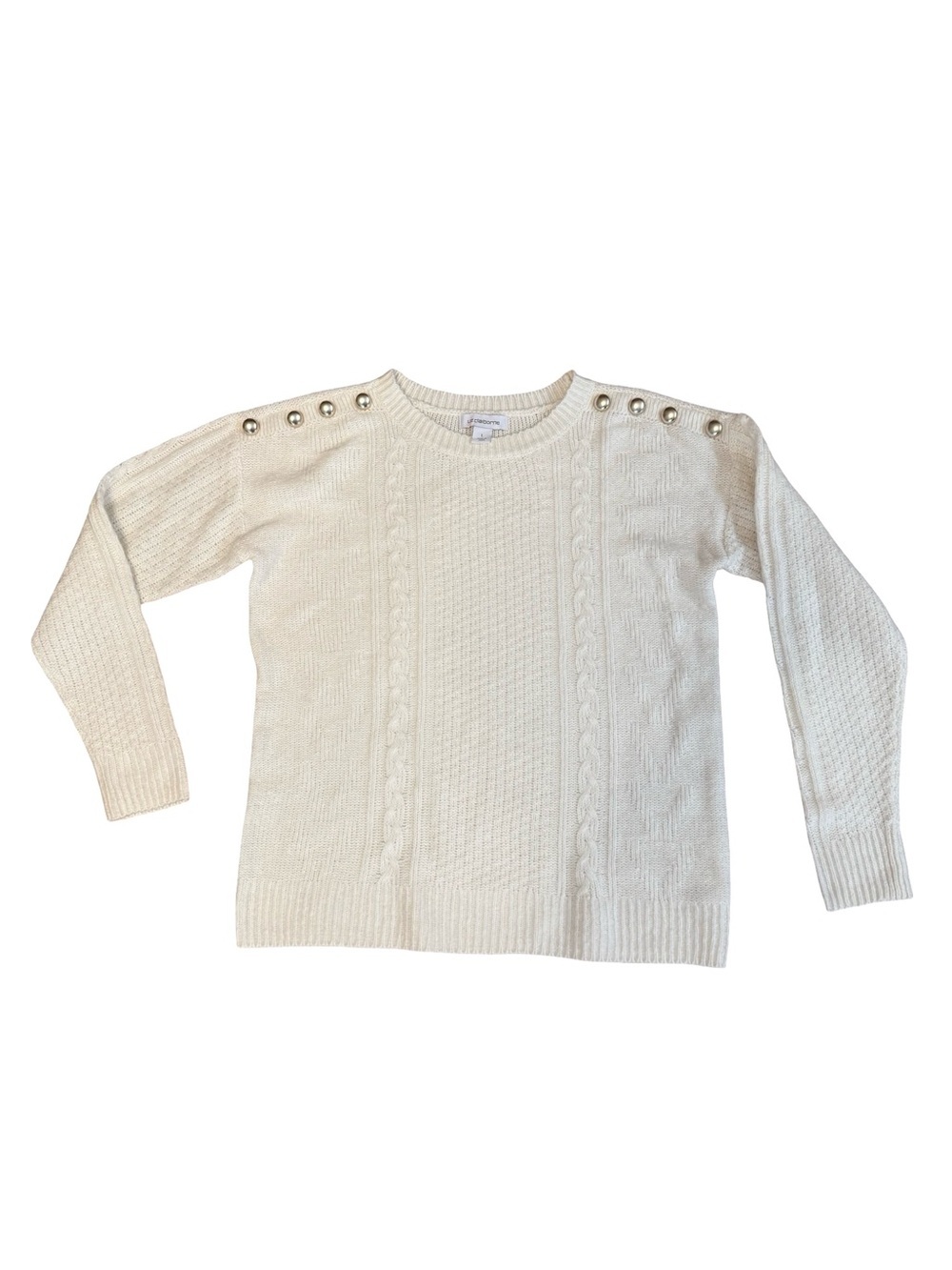 Liz Claiborne Women's Cable-Knit Crewneck Sweater with Shoulder Buttons - Cream